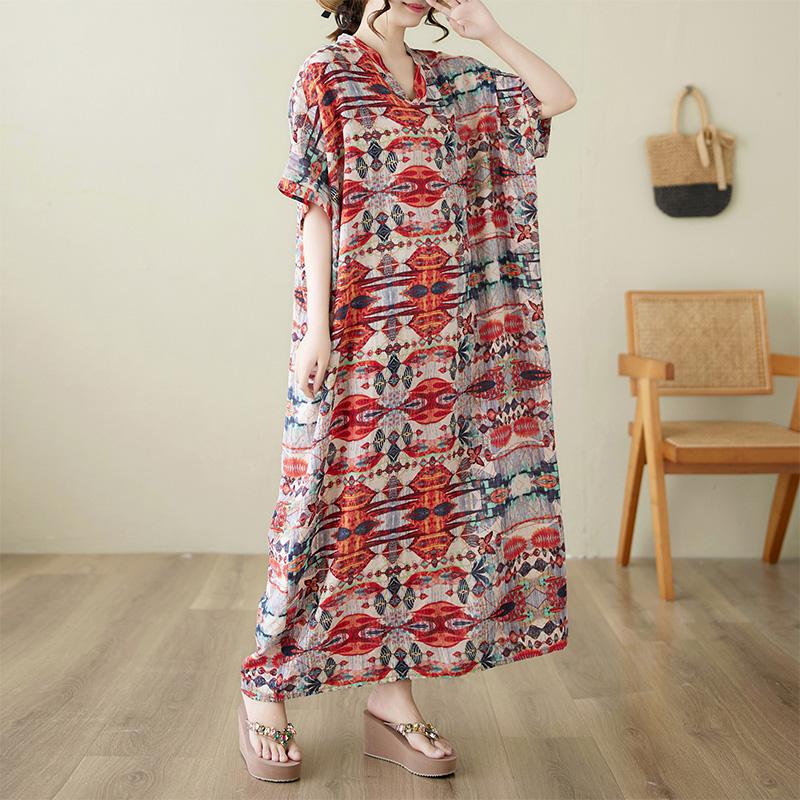 

Dimanaf 2025 Летнее платье Новое винтажное V-образное вырезное платье с принтом и коротким рукавом Повседневное свободное женское платье больших размеров Макси One Size красный