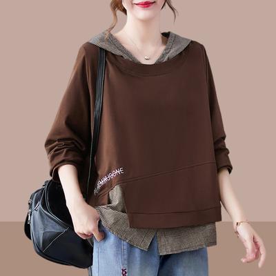 Spring and Autumn Fake Two-piece Long-sleeved T-shirt Loose-fitting Clothes Plaid Irregular Stitching Hooded Fashion Sweater Women