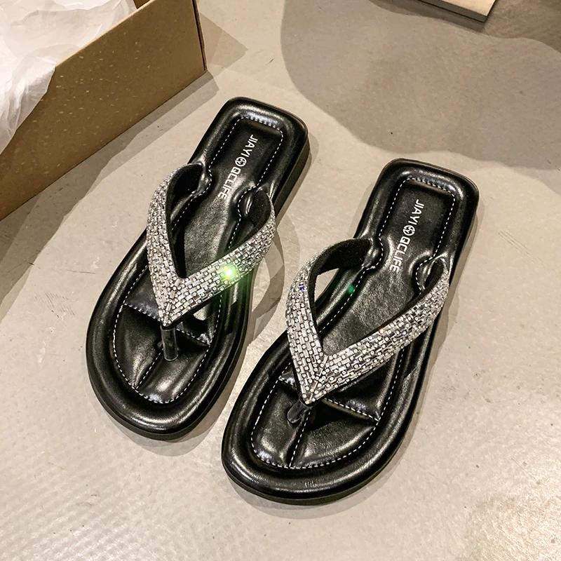 

Luxury Summer Women s Flip Flops with Rhinestone Decoration Sandals, Flat Bottomed Lightweight and Comfortable Slippers 40 чёрный