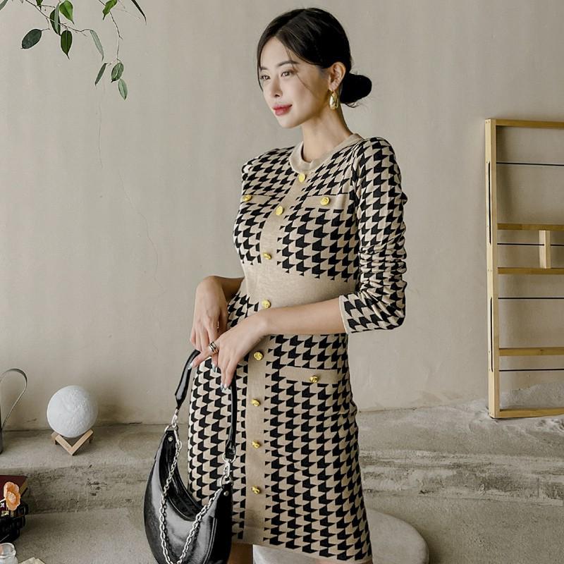 

2023 Корейский стиль ретро вязаное платье-свитер с узором «гусиная лапка» – женская мода, облегающее, имитация двух частей One Size хаки