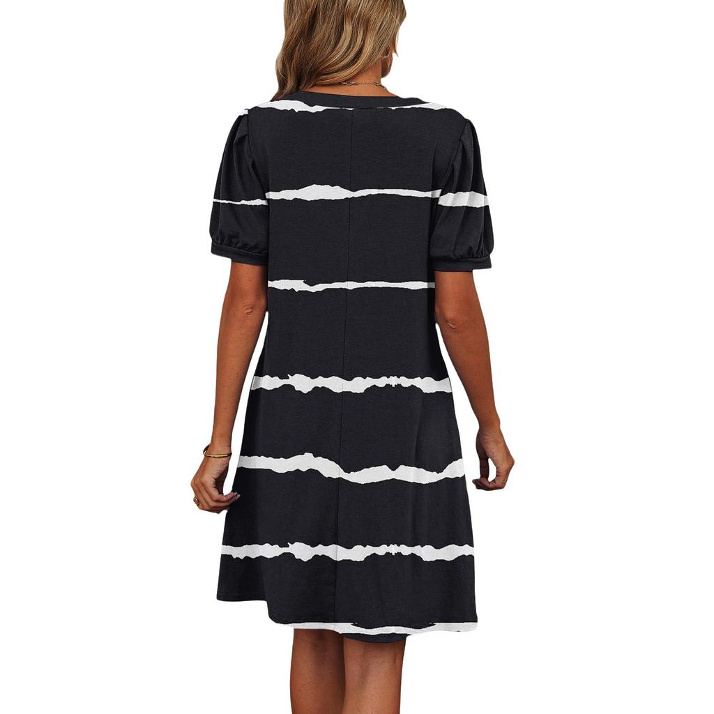 Dámské letní ležérní plážové šaty s výstřihem do V, s krátkým rukávem, pruhované, s geometrickým potiskem