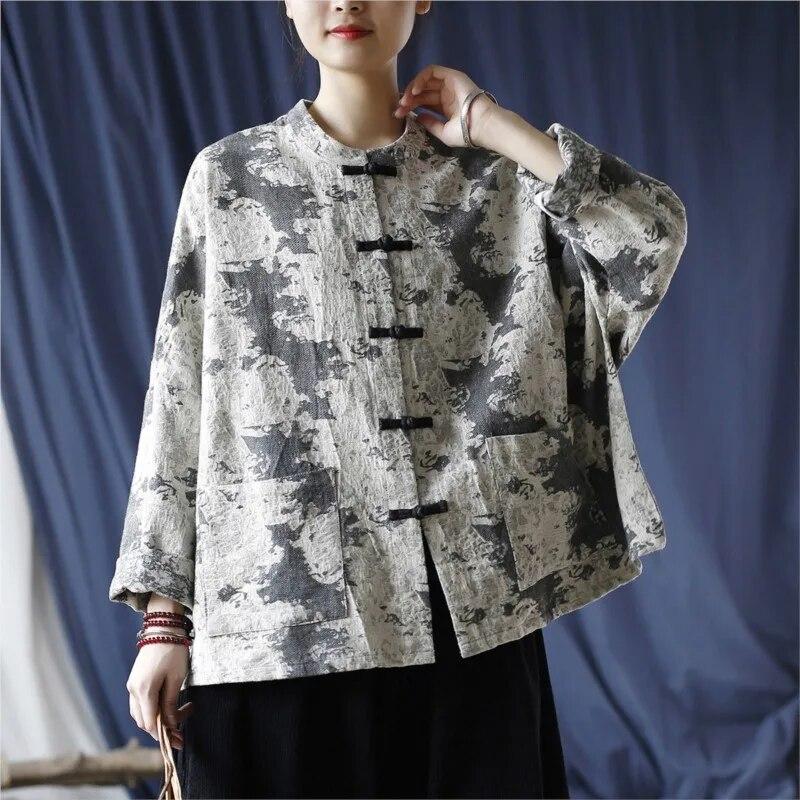 Johnature Women Vintage Jacquard Shirts Tops Stand Long Sleeve Button Patchwork Pockets Blouses Spring Shirts