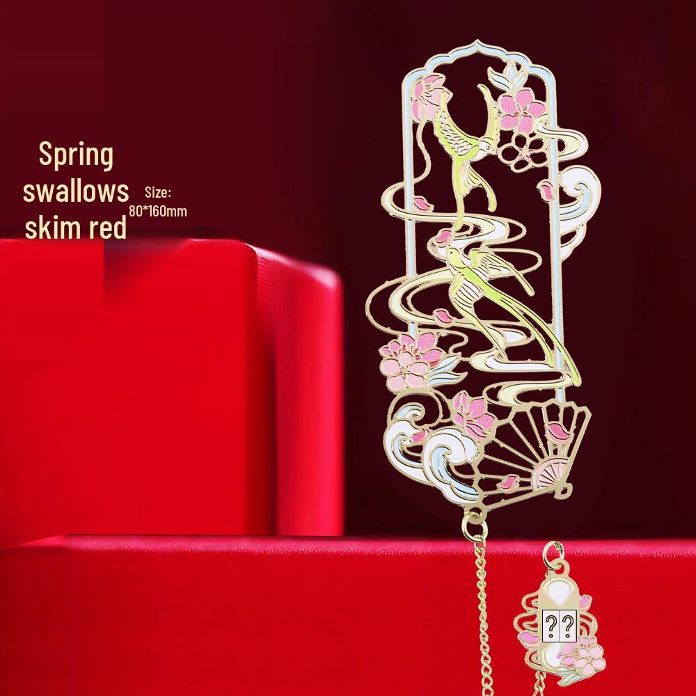 Spring Swallow Metal Bookmark: Chinese Style with Willow, Peach Blossom, Magnolia, and Wisteria Flowers - Exquisite Cultural Souvenir