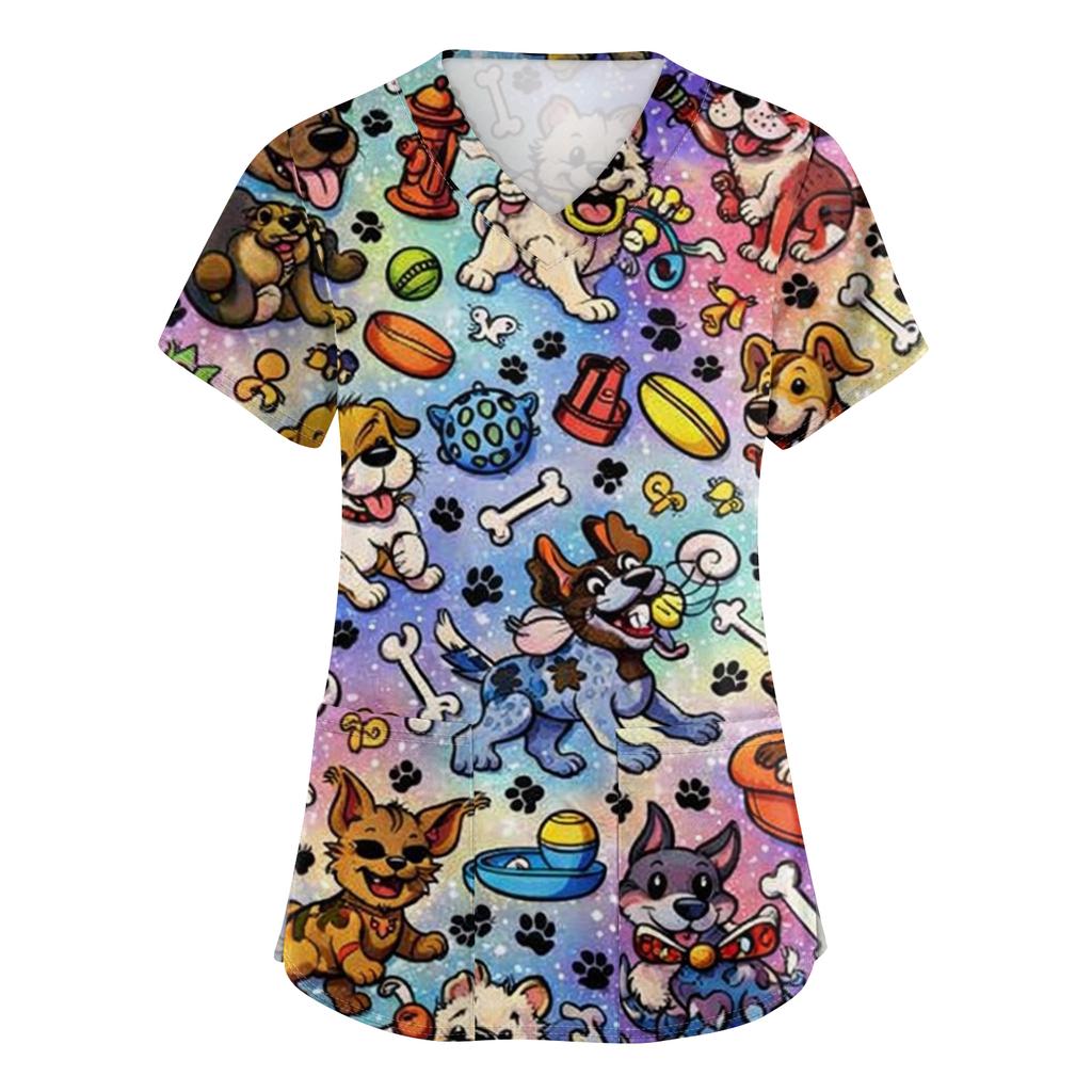 Women's Casual Short-Sleeve Cute Animal Print V-Neck Pocket Workwear Top