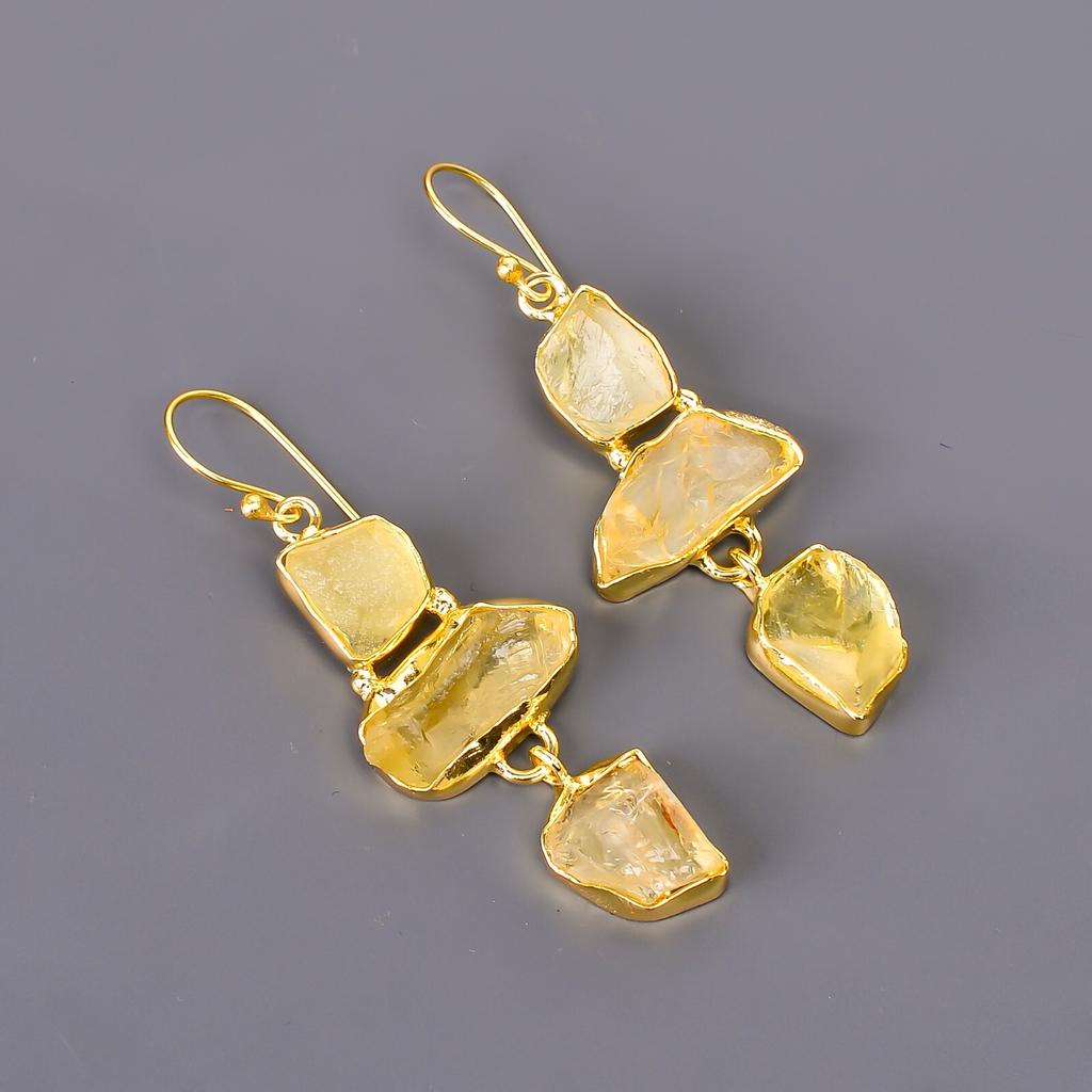 Citrine Gemstone Gold Plated Elegant Electroformed Dangle Drop Earrings Jewelry V-116