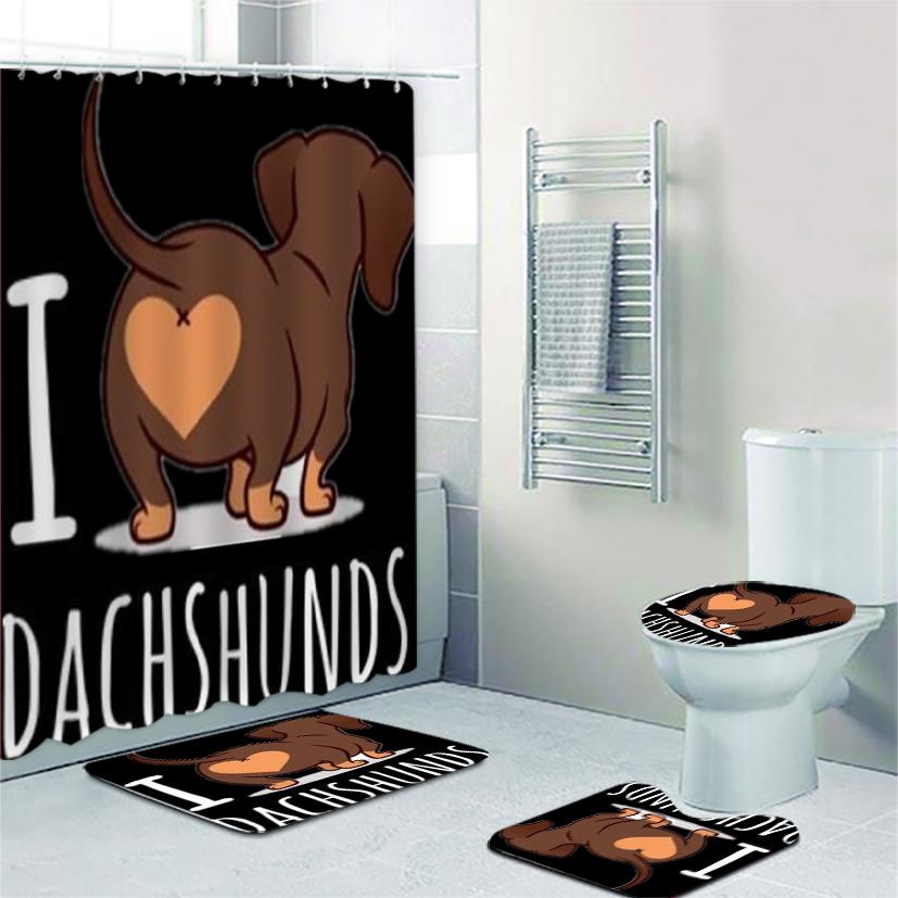 Funny Cute Dachshund Dog Bathroom Curtains Set Shower Curtain Set Cartoon Sausage Dog Bath Mat Rugs Butt Dog Animal Home Decor