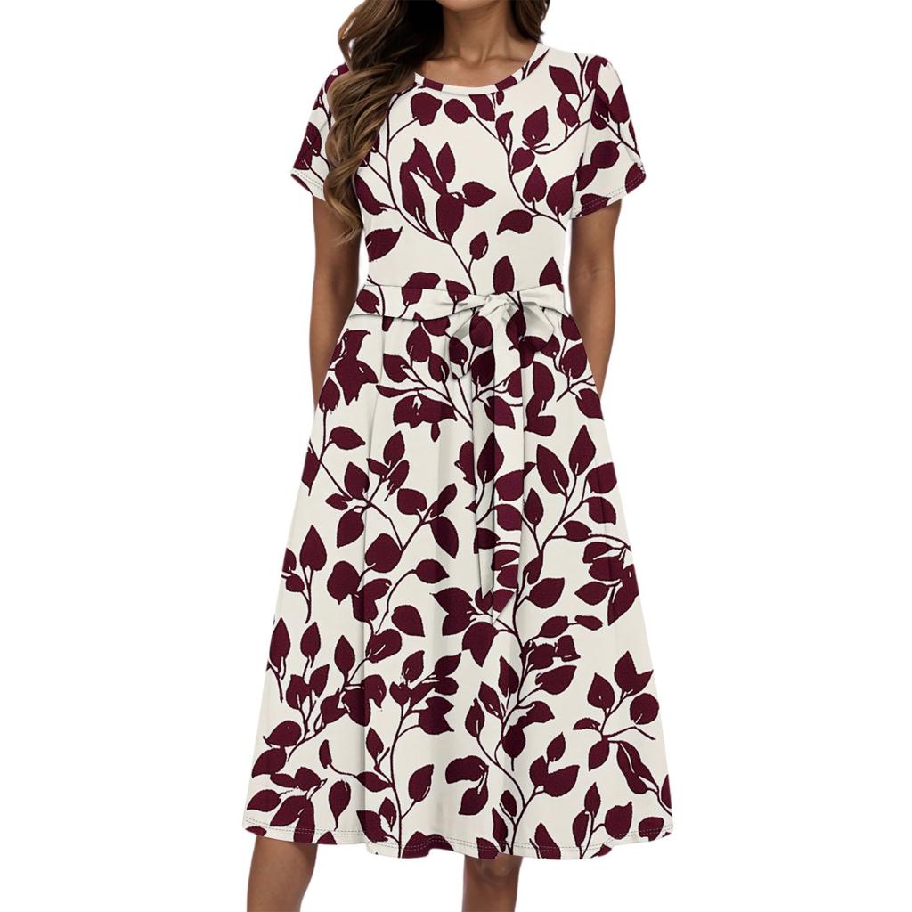 Women's Summer Fashion Round Neck Casual Plant Floral Print Short Sleeve Dress