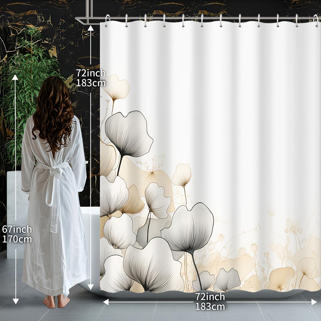 Abstract Golden Plant Petals Shower Curtain - Floral Design With 12 Hooks | Polyester Fabric, Bathroom Decor & Accessories