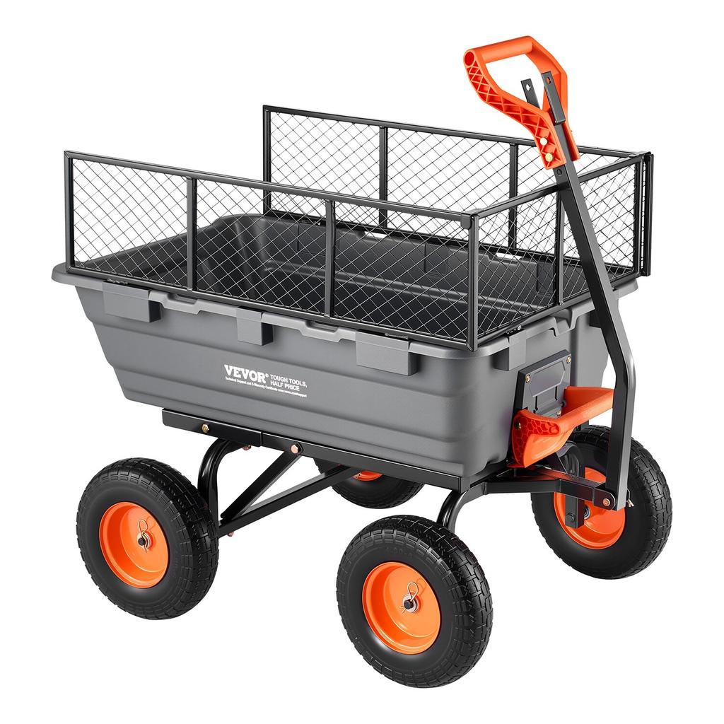 VEVOR Garden Dump Cart, 544 Kg Poly Dump Cart, Garden Carts Dumps Wagon with Storage Fence, 2-in-1 Convertible Handle