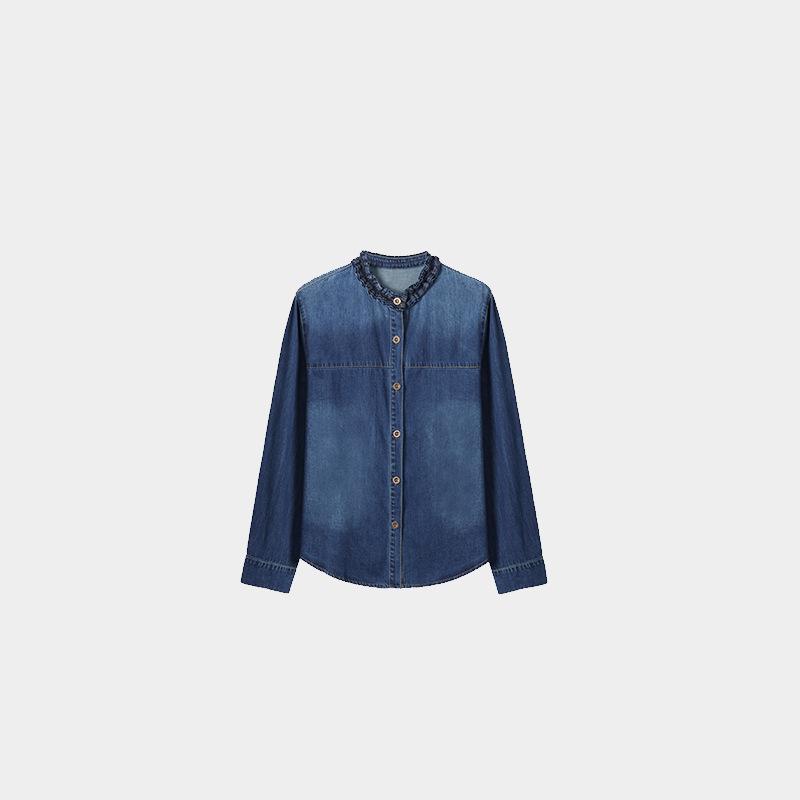

Retro Pleated Long Sleeve Denim Shirt with Autumn Lace Collar for Women 2XL джинсовый синий