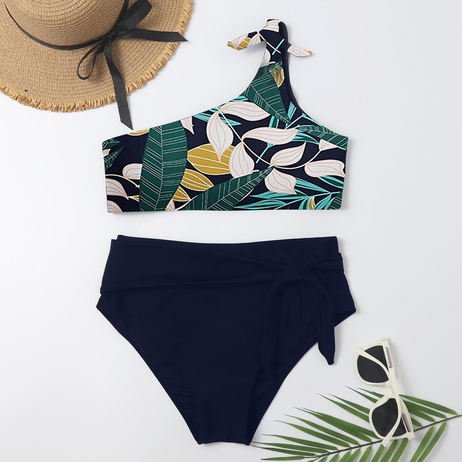 Women s Swimwear Bikini Color Print Sexy One-shoulder Strap Split Swimsuit M зелёный