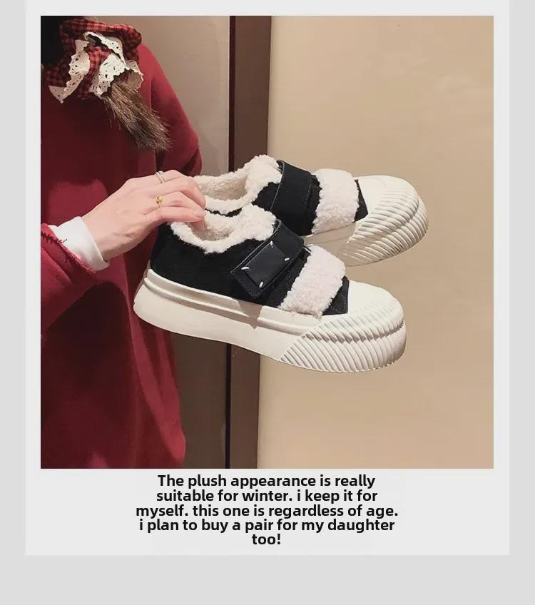 Women's Cowhide Grape Fur Velcro Thick Sole Velvet-Lined Warm Biscuit Shoes