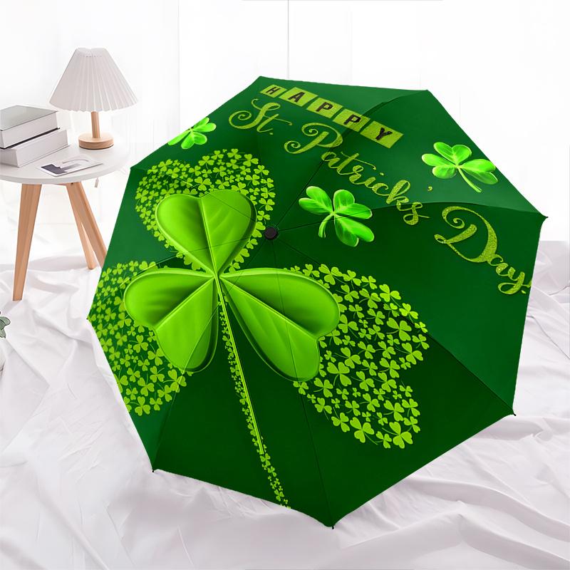 Clover, St. Patrick's Day Themed Automatic Opening and Closing Umbrella, Portable Tri fold Small Umbrella for Men and Women,Gift0725054z