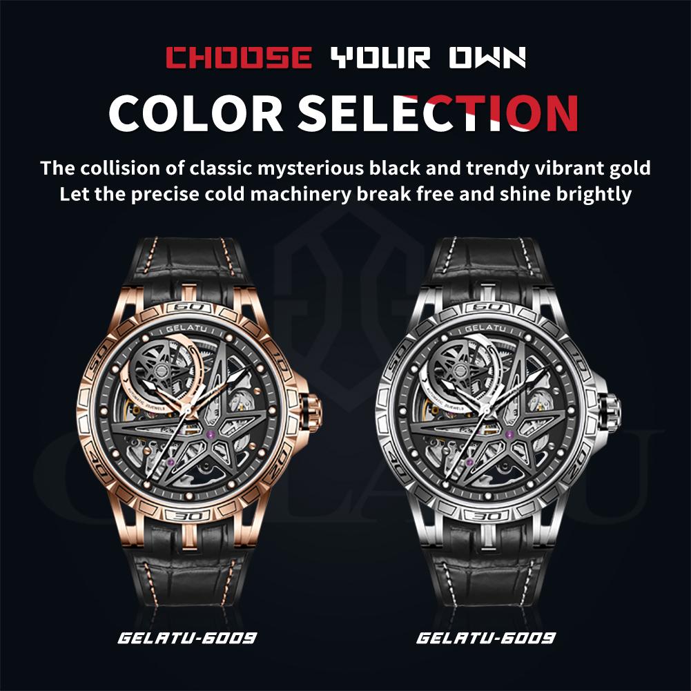 GELATU 6009 TOP Brand Men's Watches Skeleton Automatic Mechanical Movement Leather Strap Watch