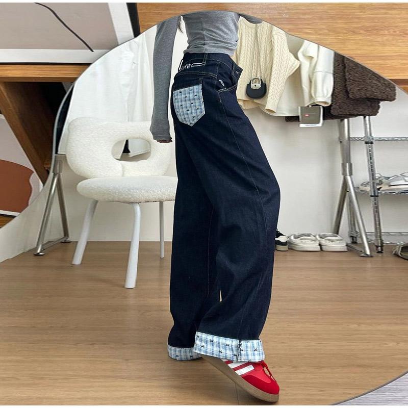 High Waist Wide Leg Jeans Women's 2025 Spring Season Worn-In Look Plaid Patchwork Cuffed Denim Loose Fit Straight Leg Trousers
