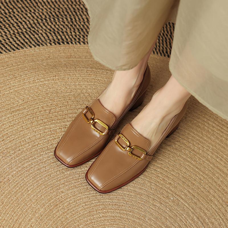 Fashion New Spring Woman Shoes Leather Shoes Women Slip-On Loafers Women Pumps Metal Chain Square Toe High Heels Shoes Zapatos De Mujer