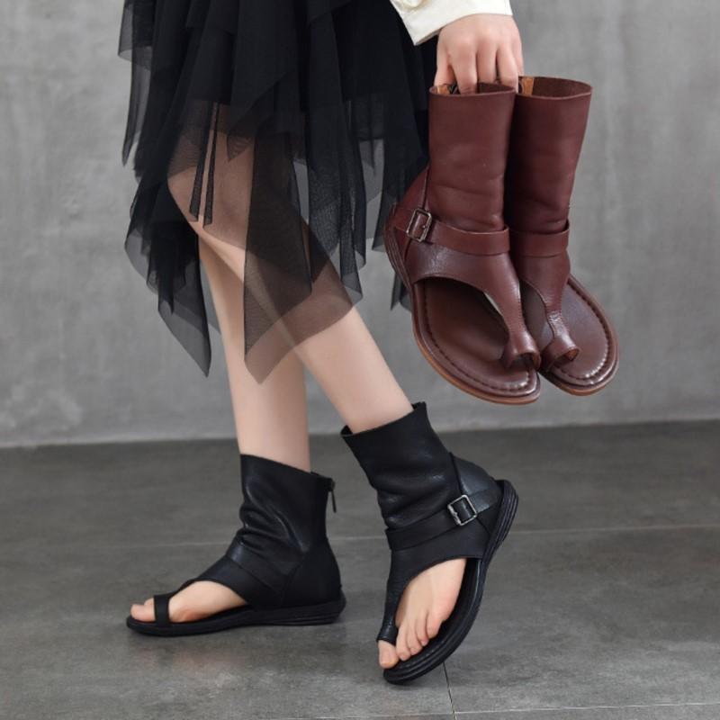 Johnature Women'shoes Roman Sandals Fashion Versatile Flat Genuine Leather Peep Toe Short Boots