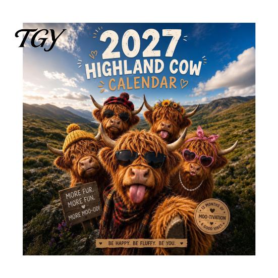 Nástěnný kalendář 2027 s kravami z Highlands Vtipný kalendář, Roztomilé hospodářské zvíře 12měsíční Akademický Skotský Závěsný plánovač pro Rustikální bytový dekor Dárek Milovníci
