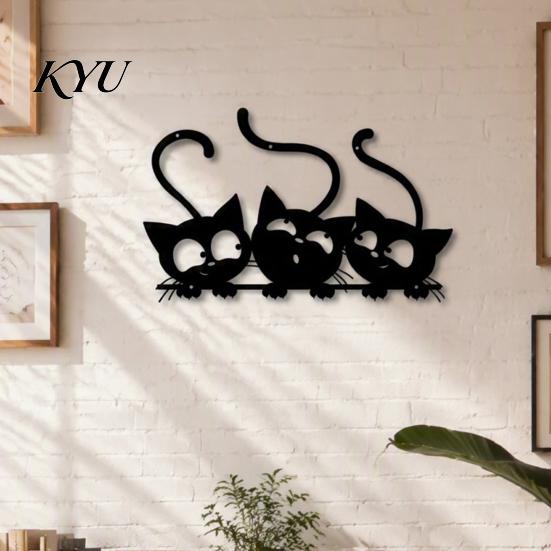 Decorative Metal Cat Figures Black Wall Art, Cartoon Kitten Silhouette Decoration, Playful Sign Sculpture for Lovers, Minimalist Room Living