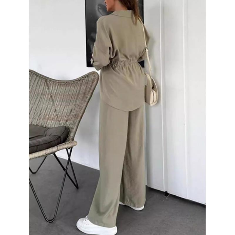 2025 Women's Autumn Casual Set: Solid Color Drawstring Top & Wide-Leg Pants