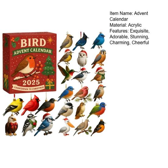 Bird Advents Calendars 2025 24 Days Acrylic Bird Ornaments Christmas Countdown Calendar Fun Animal Christmas Tree Decor Holiday Gift for Bird Lovers