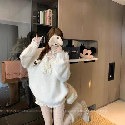 Three-dimensional Flower Loose Lazy Wind Knitted Sweater Top Red Sweater Women's Winter Long Sleeve Pullover Atmosphere Women's Clothing