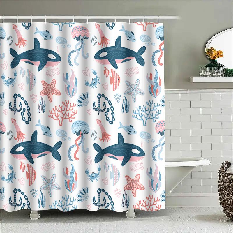 Decorative Shower Curtain Blue Pink Ocean Life Print Waterproof Bathroom Accessories 72 X 84 (183Cmx213Cm)