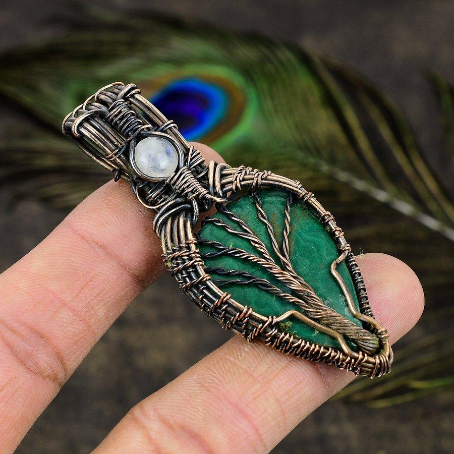 Malachite, Moonstone Copper Wire Wrap Jewelry Pendant 2.84" k0y43