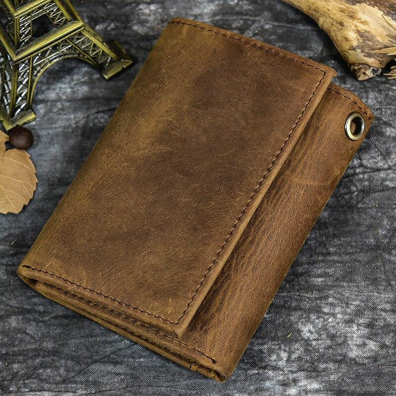 

Винтажный мужской кошелек из натуральной кожи с тремя отделениями и металлической цепочкой, короткий, многофункциональный мужской кошелек коричневый