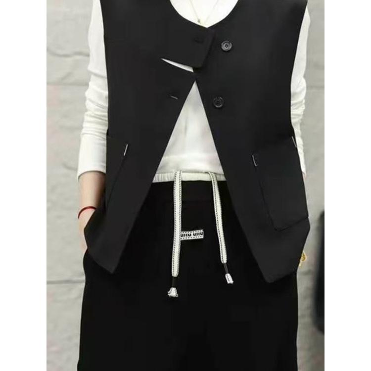 Women's Slimming Black Round Neck Button Blouse - Stylish Spring 2025 Fashion with Unique Vest Design