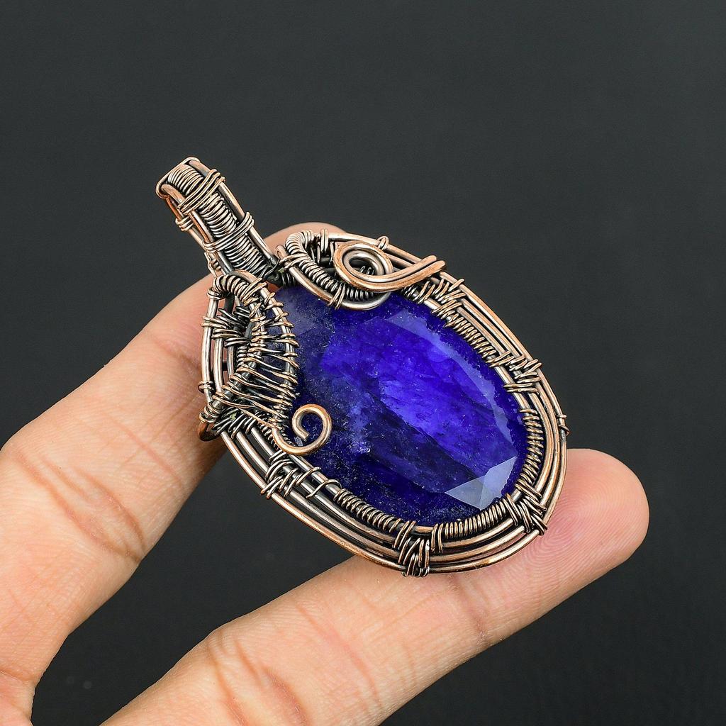 Blue Sapphire Pendant, Handmade Gemstone Pendant, 999 Copper Wire Wrapped Pendant Antique Jewelry, For Engagement Gift