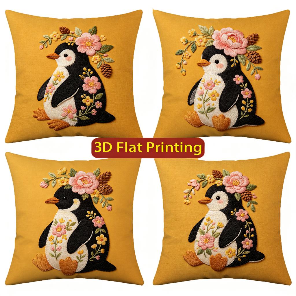 Cute Floral Penguin Embroidery Style Throw Pillow Covers Pattern Cushion Cover Suitable For Sofa Bedroom Car Pillow Cover
