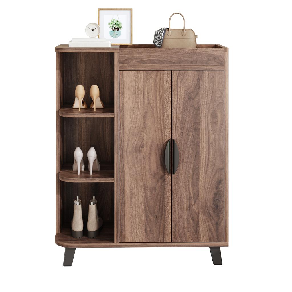 Narrow Shoe Cabinet, Double-Door, Shoe Rack with Open Compartments, Wood Look, Multi-Purpose Cabinet for Hallway, for Small Spaces, with Top Shelf