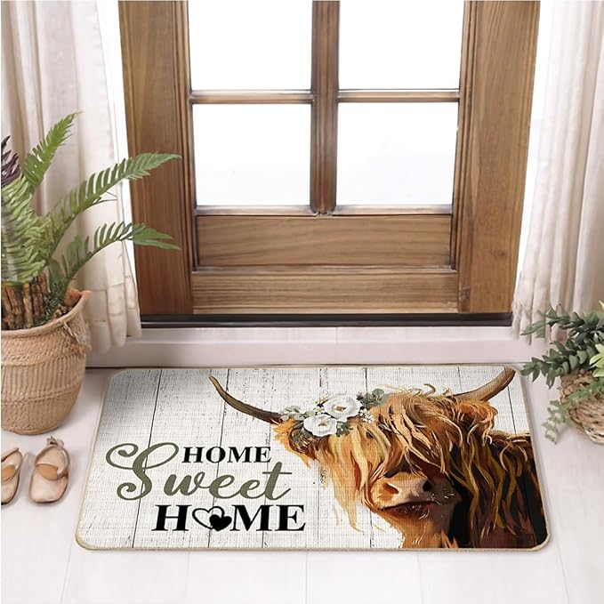 Christmas Highland Cow Carpet Mat Rug -Red Plaid Snowflake & Beige Wood Pattern Non-slip Home Decoration Floor Mat Welcome Mat