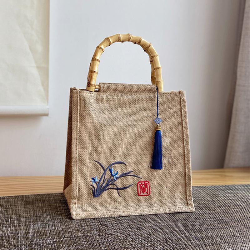 Bamboo Handle Jute Tote Bag - Retro Burlap Shopping & Gift Bag for Tea Storage
