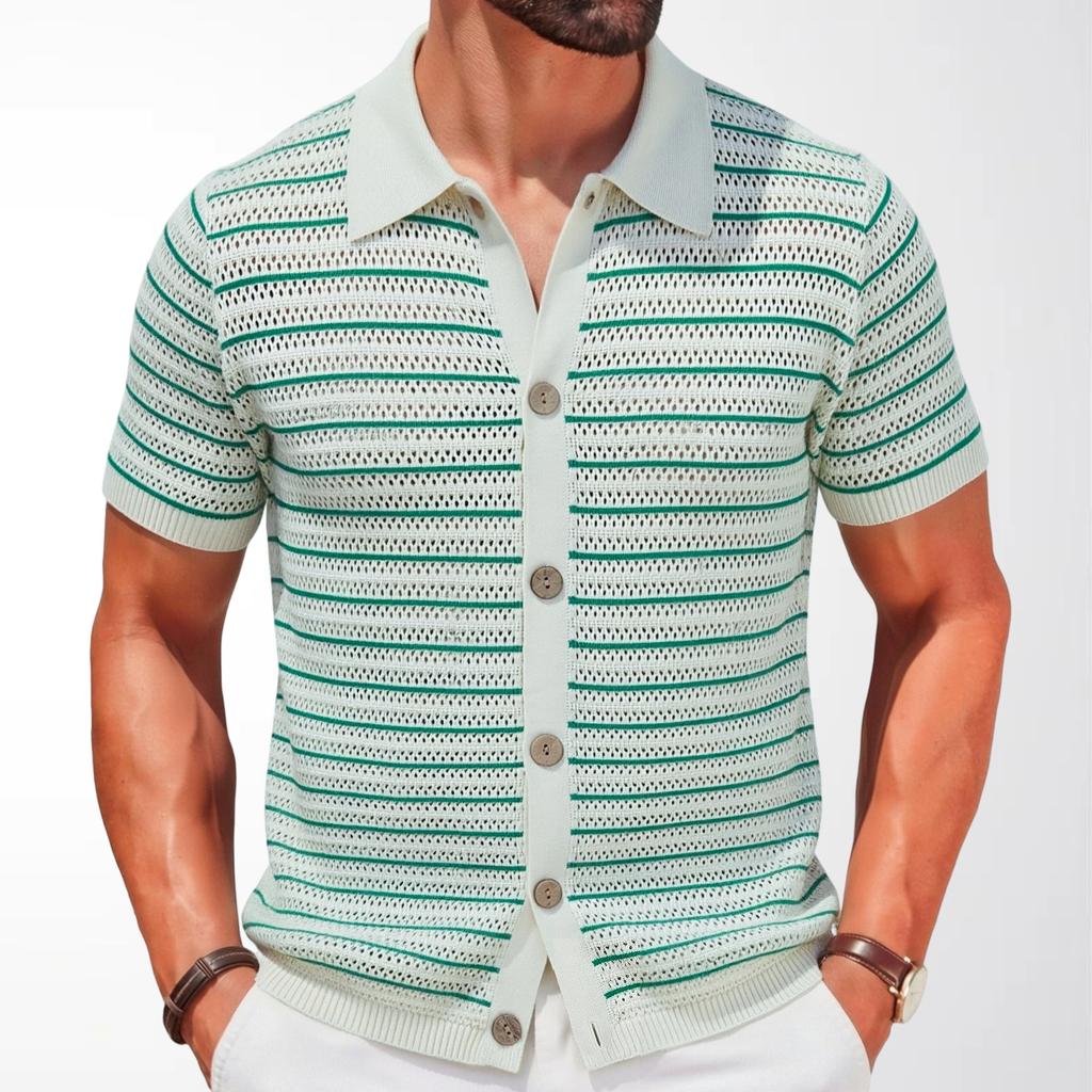 Striped Knit Shirts Short for Men Sleeve Button Down Polo Shirt Summer Beach Casual Shirt Tops Men's Breathable Lightweight Vacation Vintage Shirts