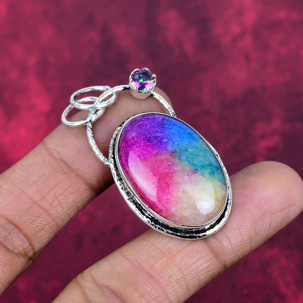 Regenbogen-Solarquarz & Mystischer Topas Anhänger, 925 Sterling Silber Anhänger Schmuck. Geschenk für Frauen, handgefertigter Anhänger, Edelsteinschmuck