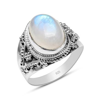 Natural Oval Shape Rainbow Moonstone Solid 925 Sterling Silver Beaded Statement Ring For Women & Girls