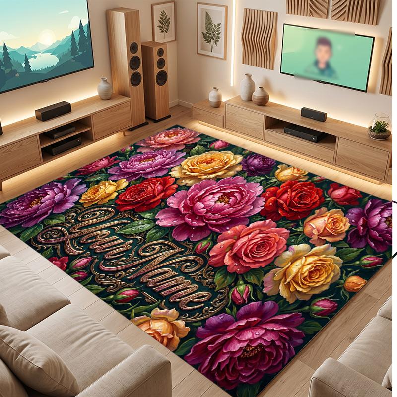 Floral Garden Theme Soft Crystal Velvet Rug Custom Name & Text Print Non Slip Floor Rug for Bedroom Living Room