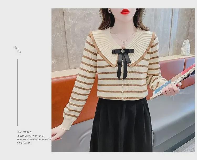 Women's Trendy Striped Long-Sleeve Collared Sweater - 2024 Autumn/Winter Fashion