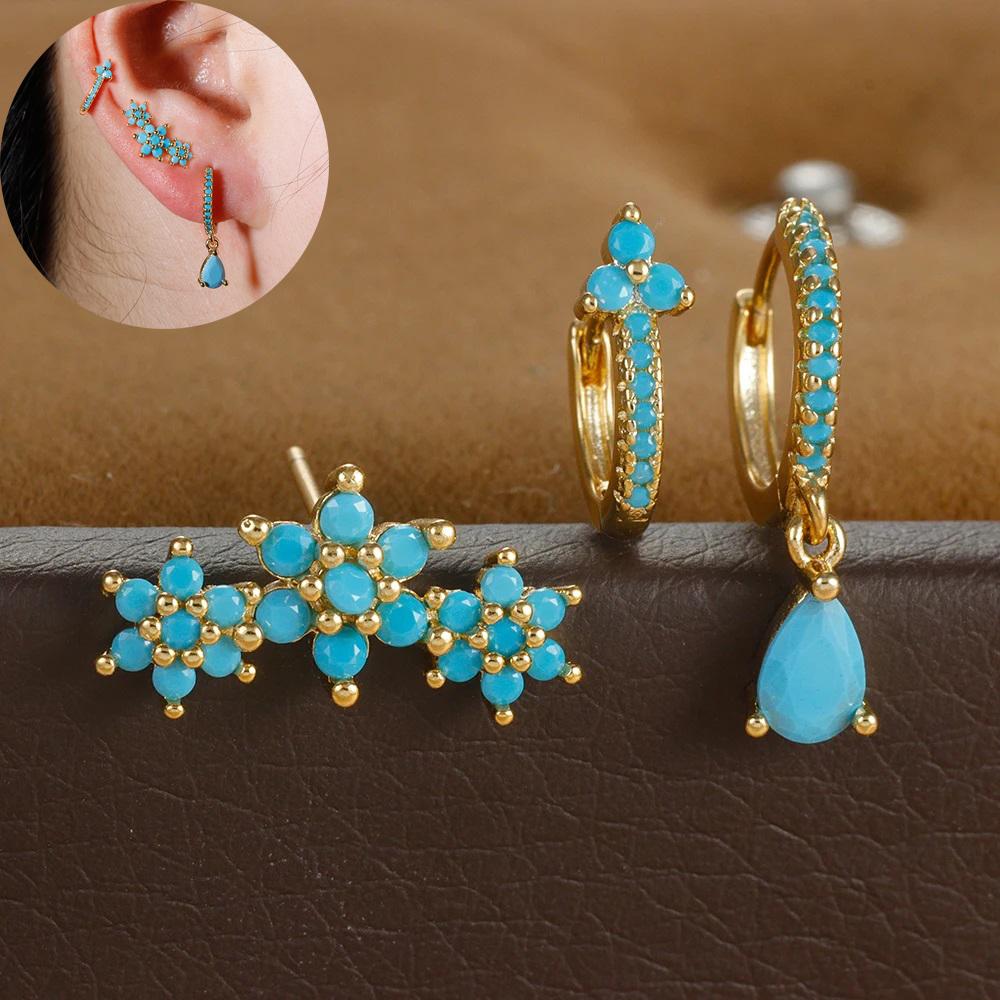 Vintage Blue Turquoise Water Drop Hoop Earring Set For Women Geometric Stainless Steel Flower Piercing Earring Christmas Jewelry
