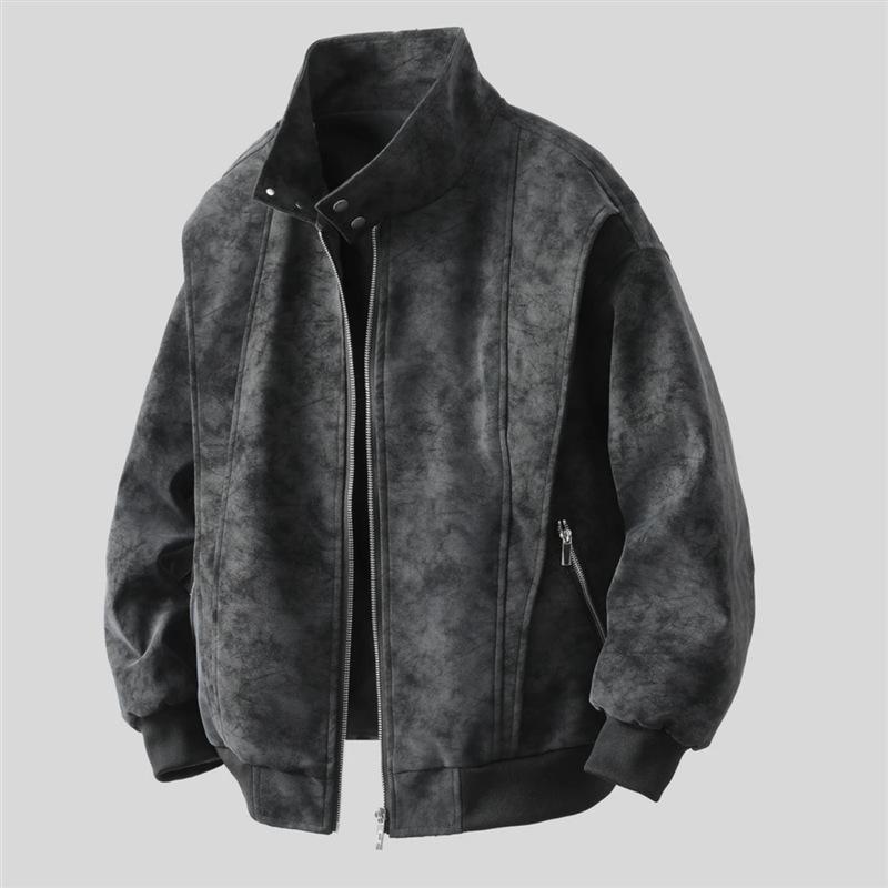 Tang Tuan Unisex Washed Leather Retro Baseball Jacket - Hong Kong Style L чёрный