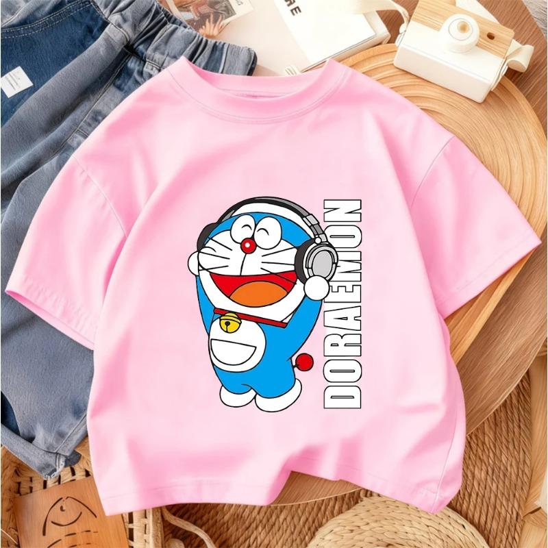 2026 Summer Boys and Girls Round Neck T-Shirt Cute Cartoon Doraemon Fashion