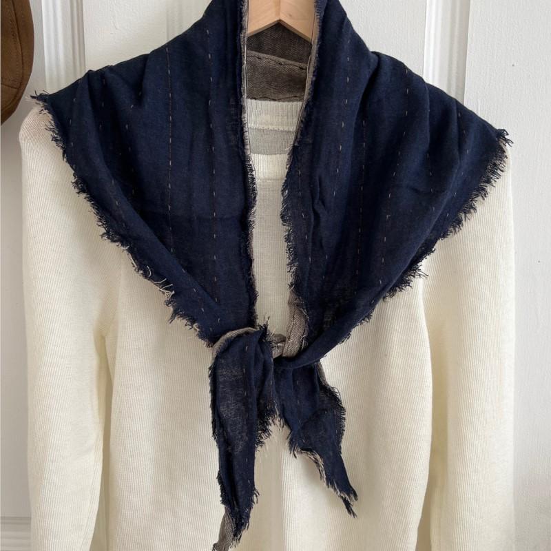 Johnature Vintage Raw Edge Striped Triangle Scarf Women Fall Winter Fashion Warm Two-tone Neck Guard Decoration Head Scarf