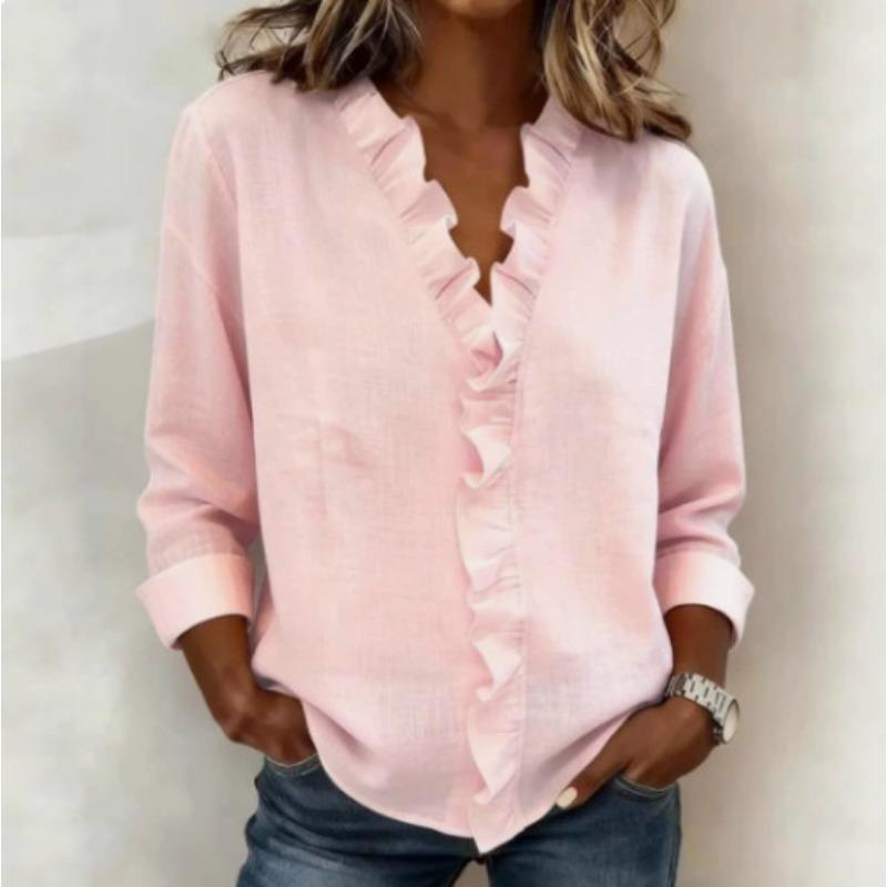 JPNTKY Women's Fashion Casual Solid Color Print Long Sleeve V-Neck Blouses & Shirts