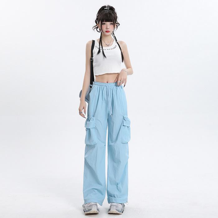 TXJ American overalls women's summer thin dopamine blue loose lazy casual quick-drying sweatpants