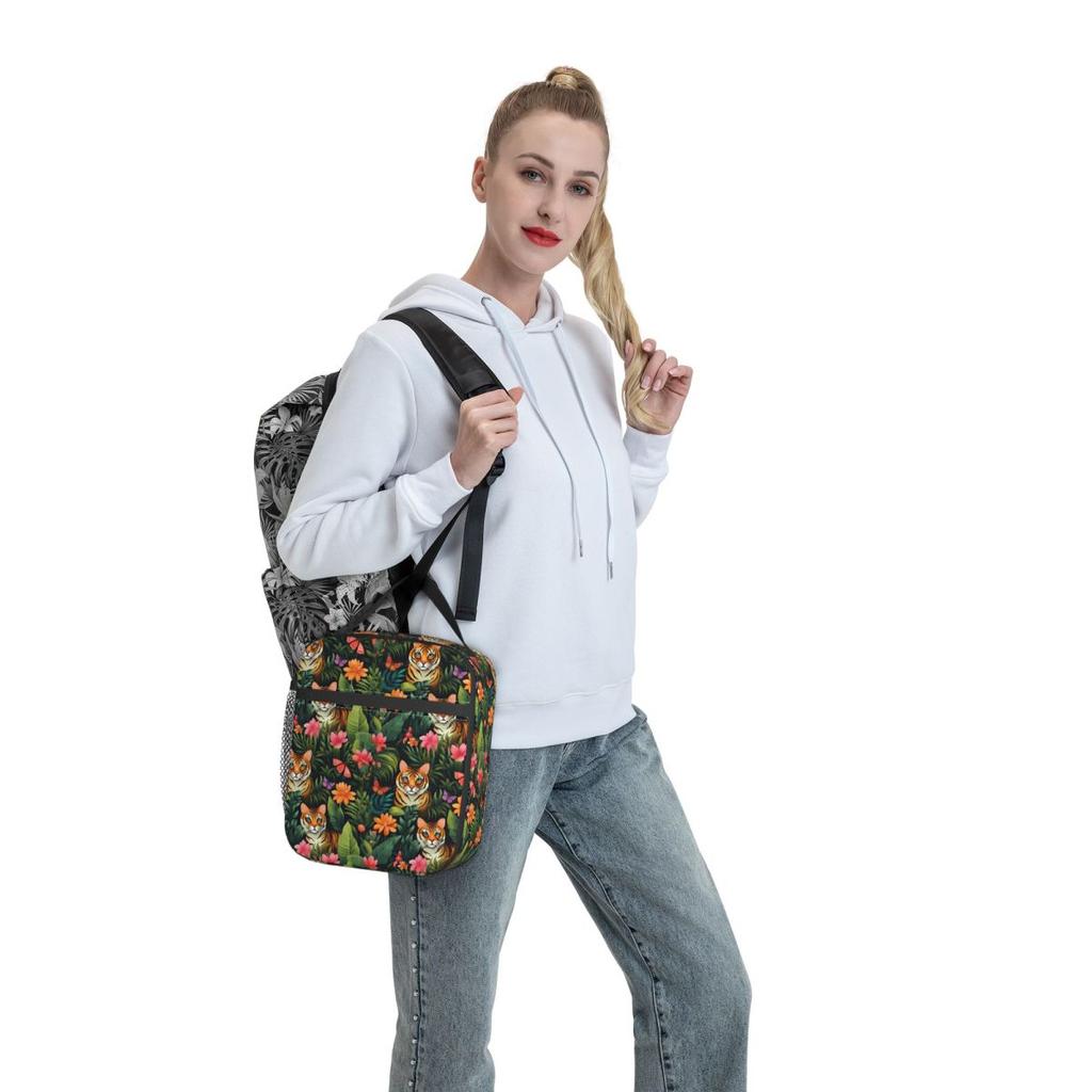 Dschungeltiger und tropische Blumen isolierte Lunchtasche für Kinder Schulkühler Thermische Lebensmittelbox Tragbare Lunchboxen Behälter