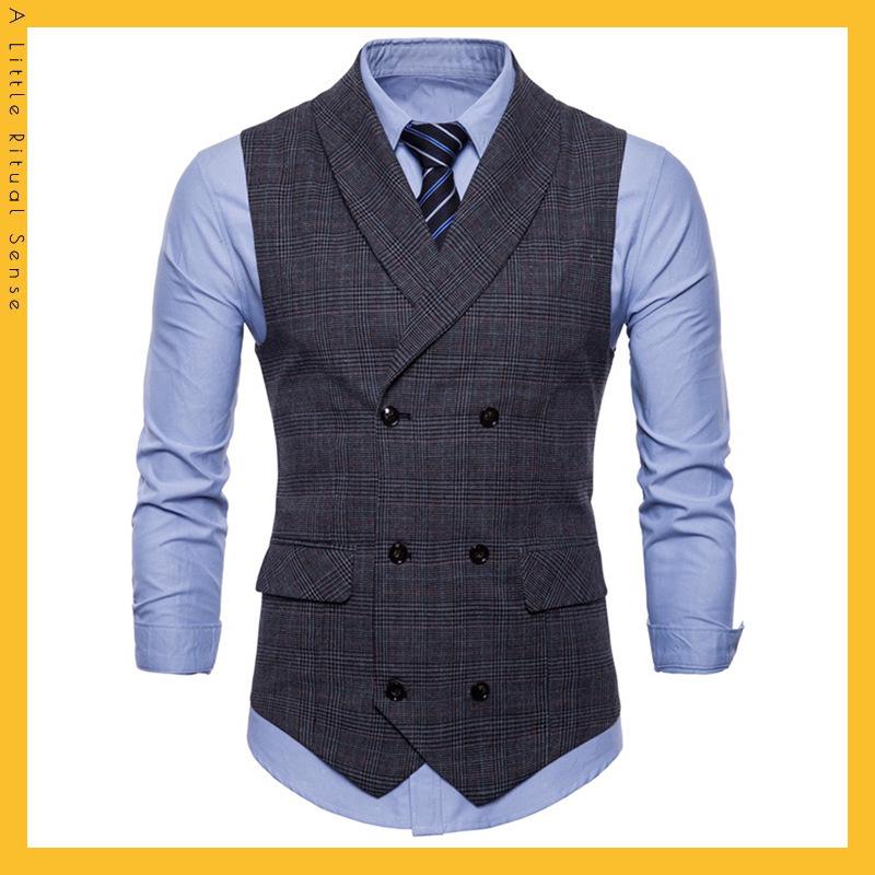 Pánská retro kostkovaná dvouřadá vesta, velká velikost - Business casual vesta na jaro a podzim