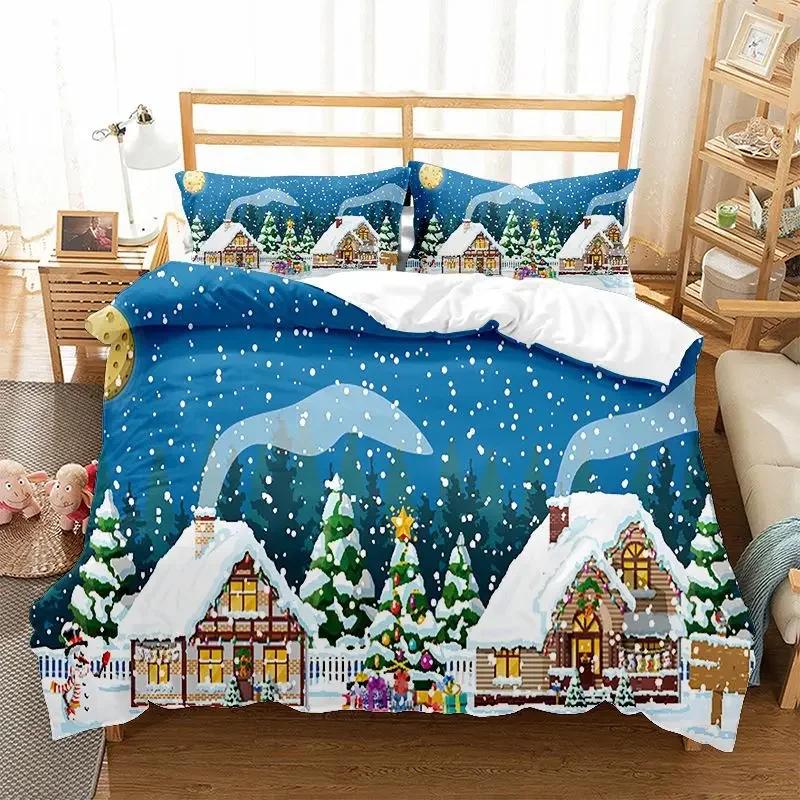 Comforter Christmas Snowflake Full Size Bedding Set Print Colorful Merry Christmas Gift Tree Microfiber Fabric 2/3Pcs Kids
