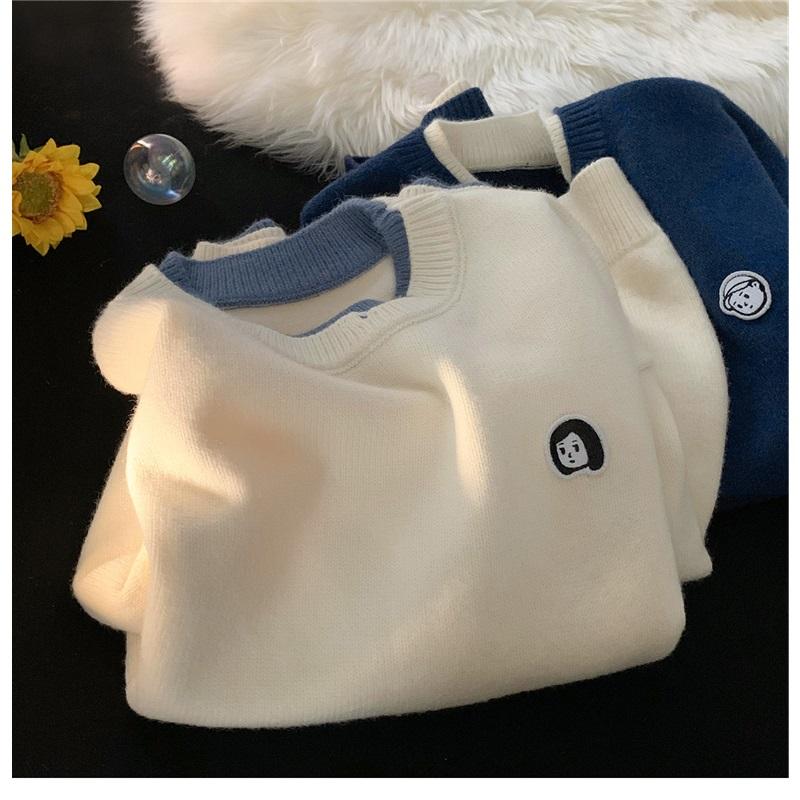 Men's Fake Two Piece Knit Sweater Crew Neck Casual Embroidered Pullover